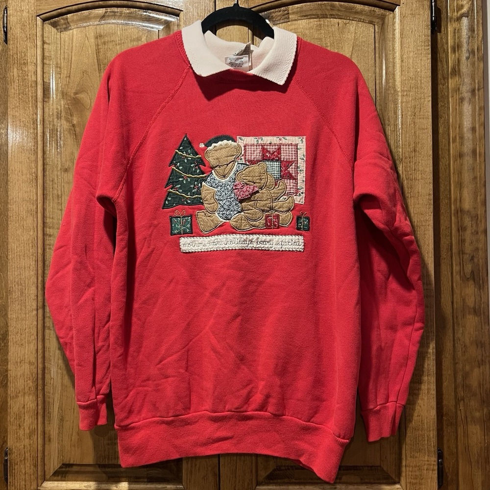 Vintage Valories Folk Art Appliqué Christmas Tree Bears Sweater Women's XLarge